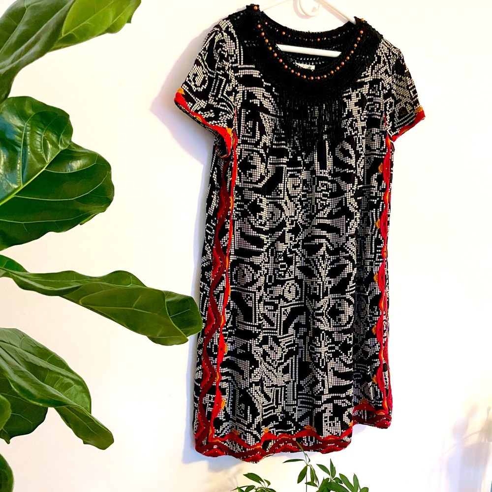 Anthropologie Floret Fringe Dress w/ Beaded Crochet  Neck Embroidered Geometric